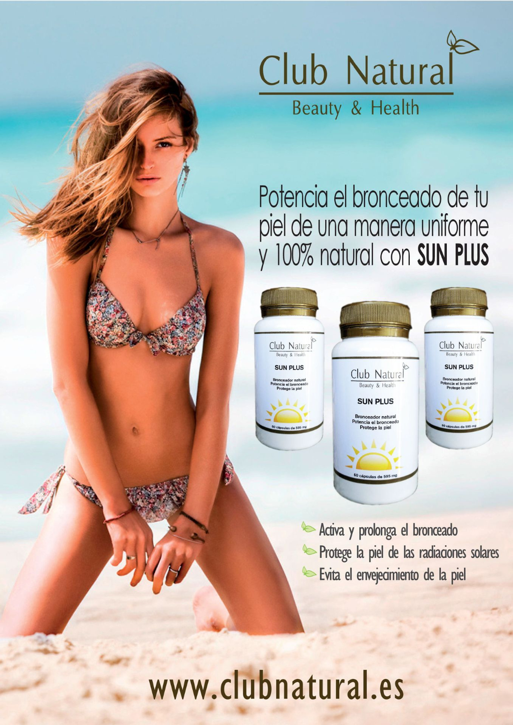 Cartel publicitario de Sun Plus Bronceador Natural para la piel