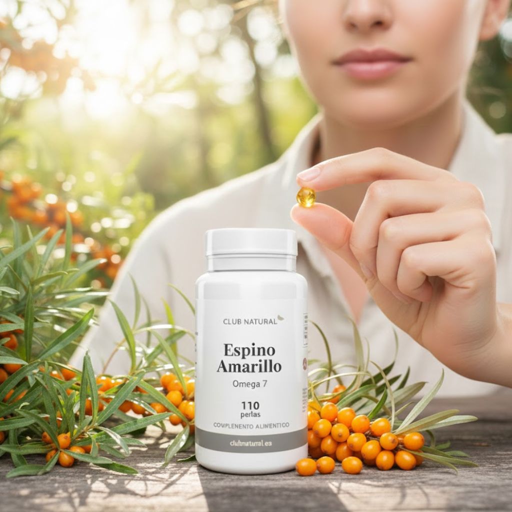 Perlas de aceite de Espino Amarillo Suplemento natural rico en ácidos grasos esenciales (con especial presencia de Omega 7), vitaminas antioxidantes y nutrientes que favorecen el bienestar de la piel y las mucosas. Las Perlas de Aceite de Espino Amarillo aportan aceite puro de las bayas de Hippophae rhamnoides, una de las fuentes vegetales más concentradas en vitamina E, carotenoides y Omega 7. Su composición nutricional ayuda a mantener la hidratación natural, la elasticidad y el confort de los tejidos, especialmente piel, mucosas y sistema digestivo. Beneficios principales Bienestar de la piel y mucosas: El aceite de espino amarillo aporta ácidos grasos esenciales que contribuyen al mantenimiento normal de la piel y las mucosas, ayudando a mantenerlas hidratadas, nutridas y protegidas frente a la sequedad ambiental. Acción antioxidante natural:Su contenido en vitamina E, carotenoides y compuestos bioactivos ayuda a proteger las células frente al estrés oxidativo, apoyando el bienestar general y la vitalidad de los tejidos. Apoyo a la hidratación natural:El Omega 7 es reconocido por su papel en el mantenimiento de la humedad y la flexibilidad de la piel y mucosas, favoreciendo la sensación de confort en zonas como labios, ojos, vías respiratorias y mucosa vaginal. Contribución al sistema inmunitario:El conjunto de vitaminas y nutrientes presentes en el aceite favorece las defensas naturales del organismo, especialmente en épocas de mayor demanda. Bienestar digestivo y mucosa gastrointestinal:El espino amarillo es tradicionalmente valorado por su capacidad para contribuir al mantenimiento de la mucosa digestiva, apoyando el confort estomacal y el equilibrio interno. Cuidado general del cutis:Ayuda a mantener la piel nutrida, suave y protegida frente a factores ambientales como viento, luz solar y aire seco Presentación y composición Envase: 110 perlas de 692 mg Por perla: Aceite de Espino Amarillo: 500 mg Cobertura: gelatina y glicerina Por qué elegir nuestras Perlas de Aceite de Espino Amarillo Porque ofrecen un suplemento natural completo para quienes buscan: Mantener la piel y mucosas hidratadas y confortables. Apoyar el bienestar digestivo y general del organismo. Obtener antioxidantes naturales que favorecen la protección celular. Incorporar Omega 7 y vitaminas esenciales de forma práctica y diaria. 👉 Inclúyelas en tu rutina y descubre el poder nutritivo del espino amarillo para tu bienestar interno y externo. Además, su uso es recomendado para curar las enfermedades crónicas de la piel, para suavizar los efectos del acné y para proteger la piel de los efectos que puede provocar la luz solar, el viento y el aire seco. 💡 Meta descripción SEO (para buscadores):Perlas de aceite de espino amarillo ricas en Omega 7 y antioxidantes. Suplemento natural para el bienestar de la piel y mucosas. Compra online con garantía de calidad. 🔑 Palabras clave SEO:Perlas de aceite de espino amarillo, Omega 7 natural, Suplemento para piel y mucosas, Antioxidantes naturales, Aceite de espino amarillo, Complemento para hidratación de la piel, Suplemento nutricional antioxidante Palabras claves: Comprar Espino amarillo donde comprar, Espino amarillo comprar, perlas de espino amarillo propiedades Perlas de Aceite de Espino Amarillo