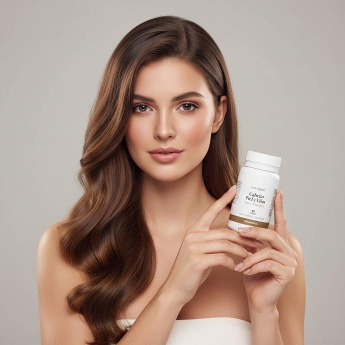 Cabello, Piel y Uñas 50 cápsulas - Mujer sosteniendo bote - 
