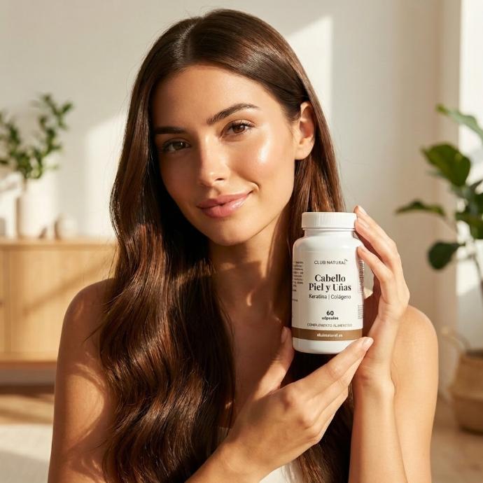 Cabello, Piel y Uñas KERATINA PLUS - CHICA SOSTENIENDO EL BOTE DE CABELLO PIEL Y UÑAS CON KERATINA - Cabello, Piel y Uñas KERATINA PLUS Más fuerza, más brillo, más hidratación para tu cabello, piel y uñas  El suplemento Cabello, Piel y Uñas KERATINA PLUS combina ingredientes esenciales como colágeno hidrolizado, keratina, ácido hialurónico, biotina, vitamina C, vitamina D3 y magnesio, diseñados para nutrir, fortalecer y revitalizar tu cabello, piel y uñas desde el interior. Su fórmula avanzada combate la debilidad capilar, la caída del cabello y la pérdida de brillo, mientras mejora la elasticidad de la piel, hidrata profundamente y aporta fuerza a las uñas.  Ideal para personas que desean un cuidado integral de la belleza y el bienestar, especialmente frente a los efectos del envejecimiento, dietas desequilibradas o carencias de vitaminas y minerales.  Beneficios principales Fortalece el cabello y uñas: la keratina y la biotina aportan proteínas esenciales que fortalecen el folículo capilar y la estructura de las uñas, reduciendo quiebre, fragilidad y caída.  Cabello más brillante y saludable: el colágeno y la keratina mejoran la textura y el brillo del cabello, aportando suavidad y vitalidad desde la raíz hasta las puntas.  Hidratación y firmeza de la piel: el ácido hialurónico aporta hidratación profunda, revitaliza la piel apagada, disminuye líneas y arrugas, y contribuye a mantener la elasticidad y tersura natural.  Apoyo frente al envejecimiento: la combinación de colágeno, keratina y vitamina C combate los radicales libres, protegiendo el cabello, uñas y piel de los signos del envejecimiento.  Crecimiento y nutrición del cabello: el magnesio y la vitamina C favorecen el crecimiento saludable del cabello, la oxigenación de los folículos y la vitalidad general, manteniendo un aspecto fuerte y luminoso.  ​Presentación y composición Formato: frasco con 60 cápsulas de 804,12 mg cada una Ingredientes activos por cápsula:  Colágeno hidrolizado – 1.000 mg Keratina – 160 mg Ácido Hialurónico – 100 mg Citrato de Magnesio – 40 mg Vitamina C – 40 mg Biotina – 200 μg Vitamina D3 – 40 μg Antiaglomerantes: estearato de magnesio y dióxido de silicio Cápsula vegetal Modo de uso: 2 cápsulas al día  ¿Por qué elegir Cabello, Piel y Uñas KERATINA PLUS? Porque fortalece y nutre el cabello desde la raíz, aportando brillo y grosor. Porque mejora la hidratación y elasticidad de la piel, previniendo líneas de expresión y sequedad. Porque refuerza uñas frágiles y quebradizas. Porque su combinación de colágeno, keratina, ácido hialurónico y vitaminas combate los signos del envejecimiento capilar y cutáneo. Porque es un suplemento completo para la salud y belleza integral de cabello, piel y uñas. 👉 Un aliado diario para lucir cabello brillante, piel hidratada y uñas fuertes, cuidando tu belleza desde el interior.  💡 Meta descripción SEO:Cabello, Piel y Uñas KERATINA PLUS 60 cápsulas. Suplemento con colágeno, keratina, ácido hialurónico, biotina y vitaminas que fortalecen cabello, uñas y piel, aportando brillo, hidratación y vitalidad.  🔑 Palabras clave SEO optimizadas:cabello piel y uñas cápsulas, keratina plus cápsulas, suplemento cabello y uñas, colágeno cabello y uñas, biotina cabello, ácido hialurónico piel, vitaminas cabello piel uñas, fortalecer cabello y uñas, brillo cabello, hidratación piel, cuidado integral cabello piel uñas
