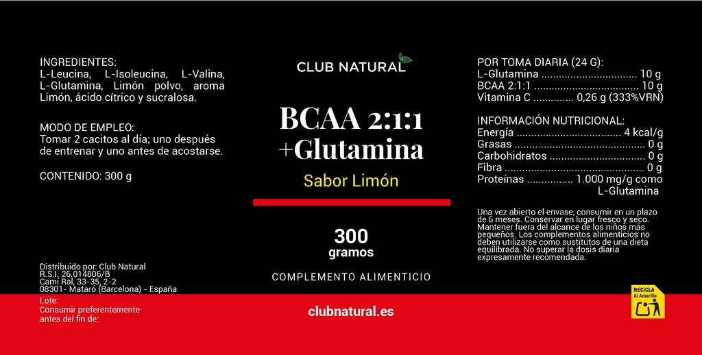 BCAA's 2:1:1 con GLUTAMINA Polvo (Sabor Limón)