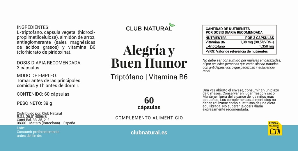 Alegría y Buen Humor con Triptófano y Vitamina B6 60 cápsulas