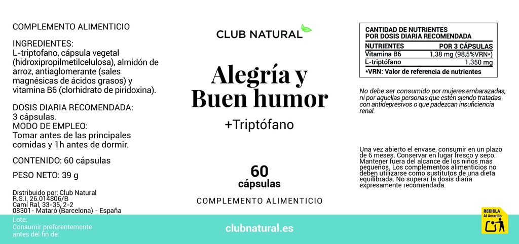 Alegría y Buen Humor con Triptófano y Vitamina B6 60 cápsulas
