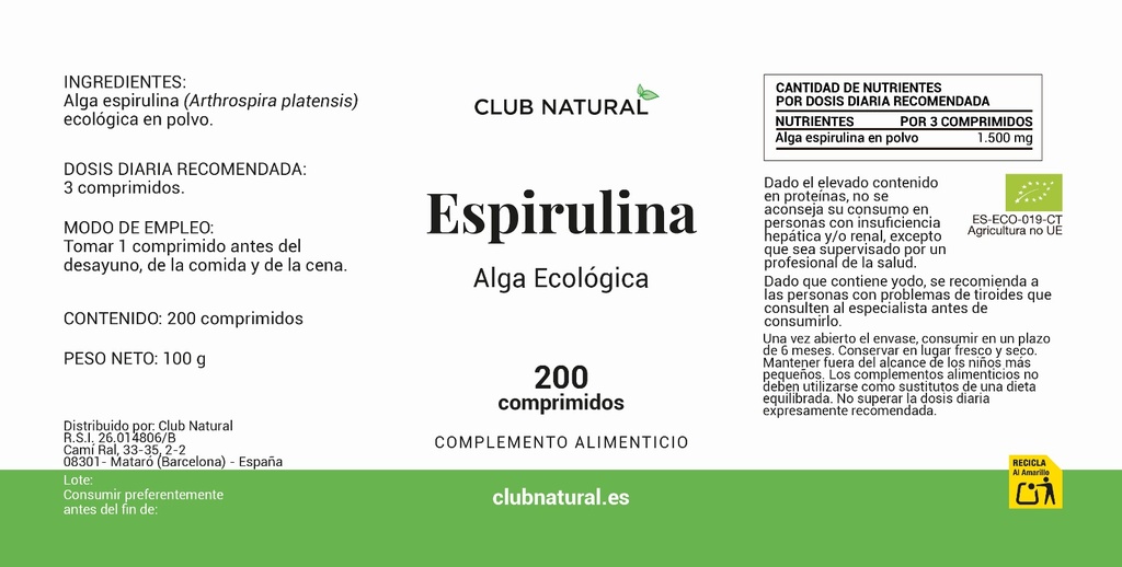 Alga Espirulina BIO 200 comprimidos de 400mg