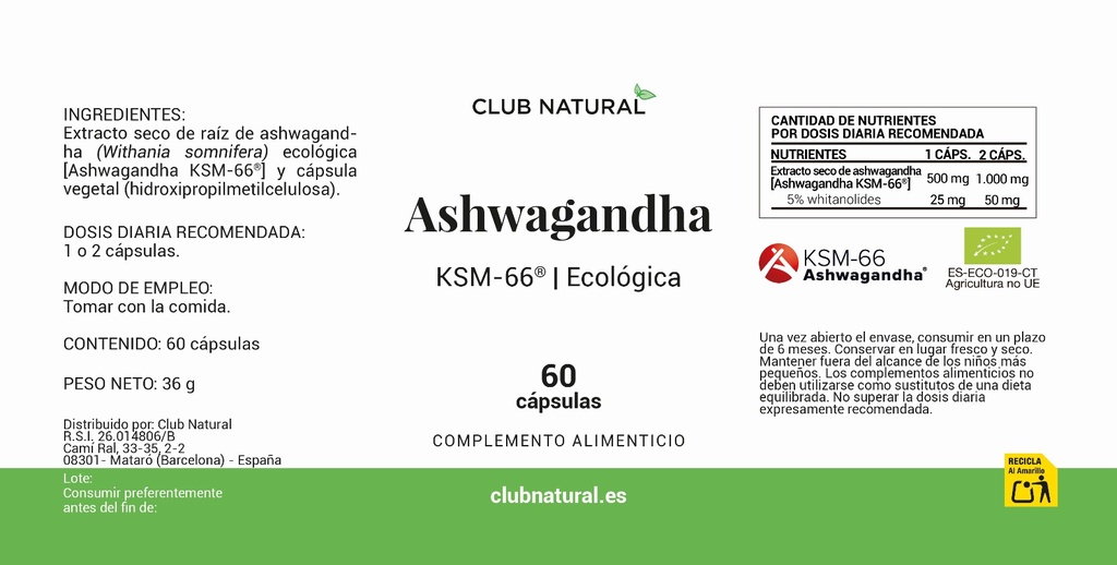 Ashwagandha KSM-66 ® Ecológica 60 cápsulas