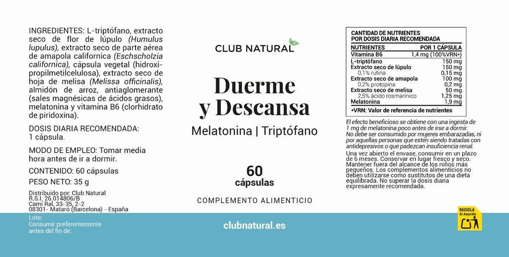 Duerme y Descansa con Melatonina 60 cápsulas