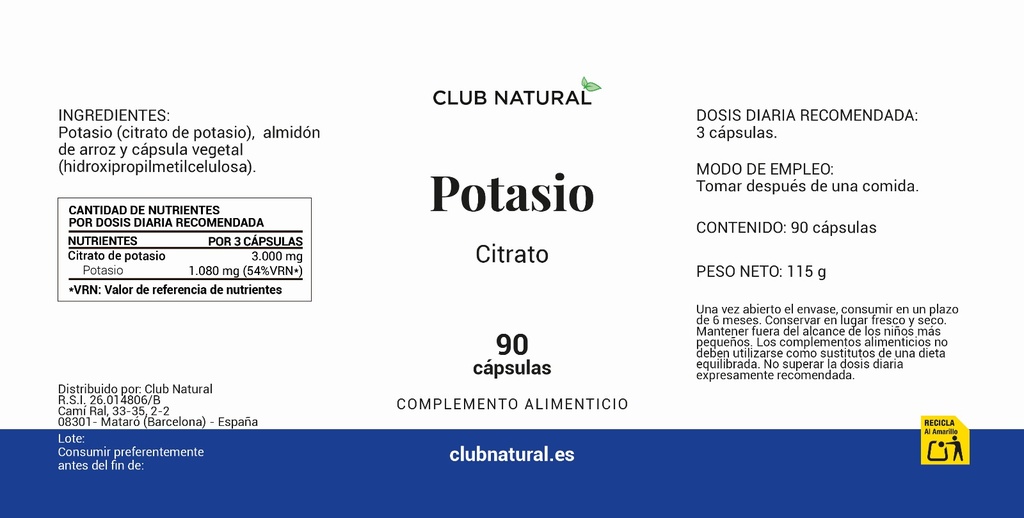 Citrato de Potasio 90 cápsulas
