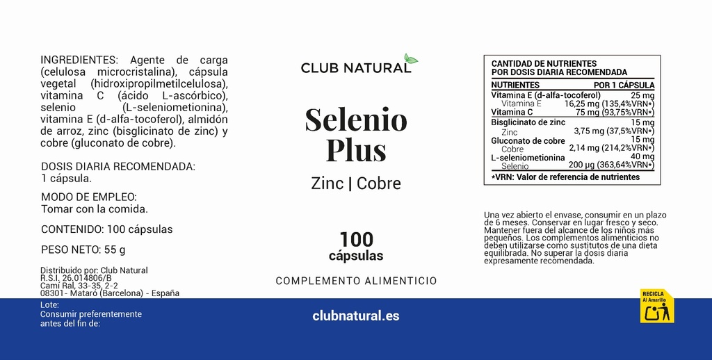 Selenio + Zinc + Cobre + Vit.C + Vit.E 100 cáps