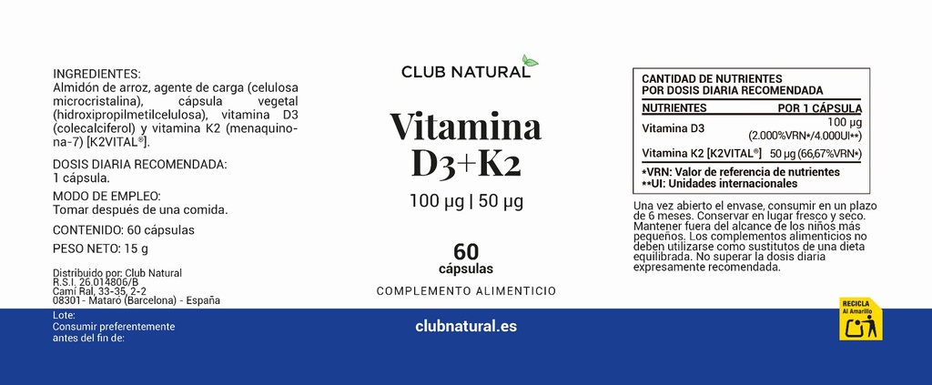 Vitamina D3+K2 60 cáps. de 4.000UI
