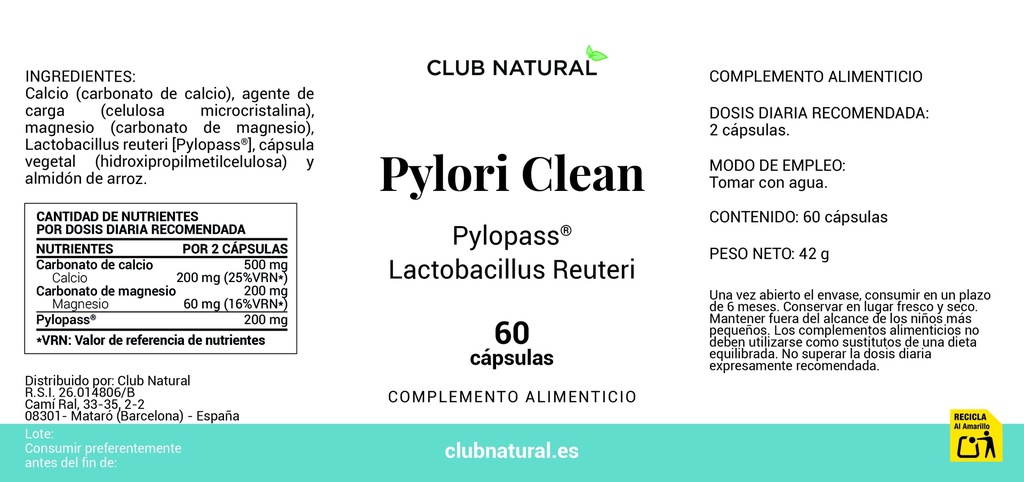 Pylo Clean  60 cápsulas - Combate el Helicobacter Pylori