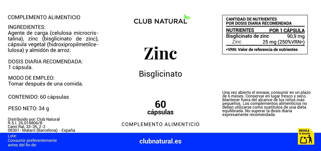 Zinc Bisglicinato 60 cápsulas
