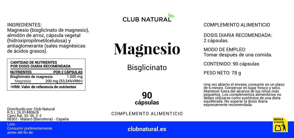 Magnesio Bisglicinato 90 cápsulas