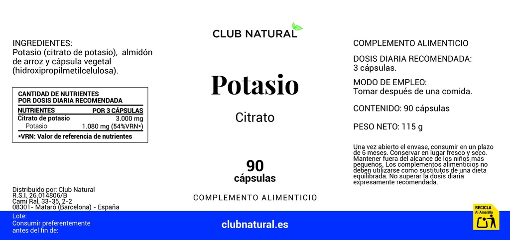Citrato de Potasio 90 cápsulas