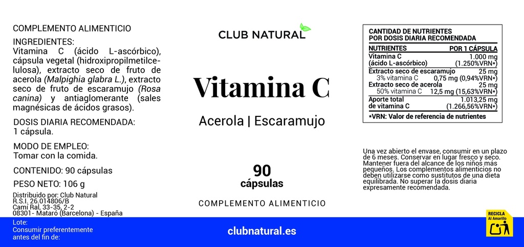 Vitamina C Natural 90 cáps con Acerola y Escaramujo