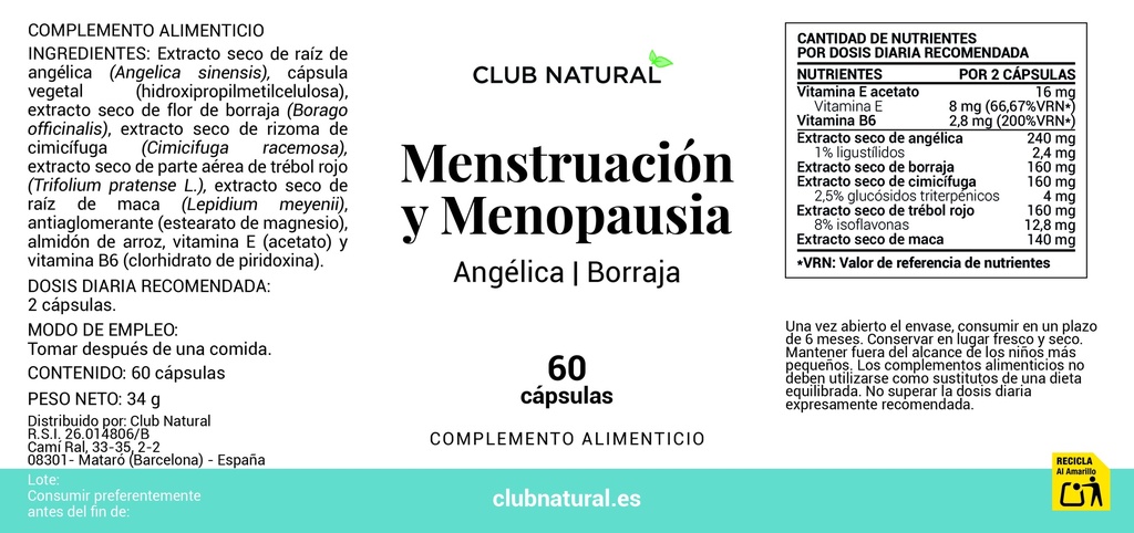 Menstruación y Menopausia 60 cápsulas - Dolor, Sofocos