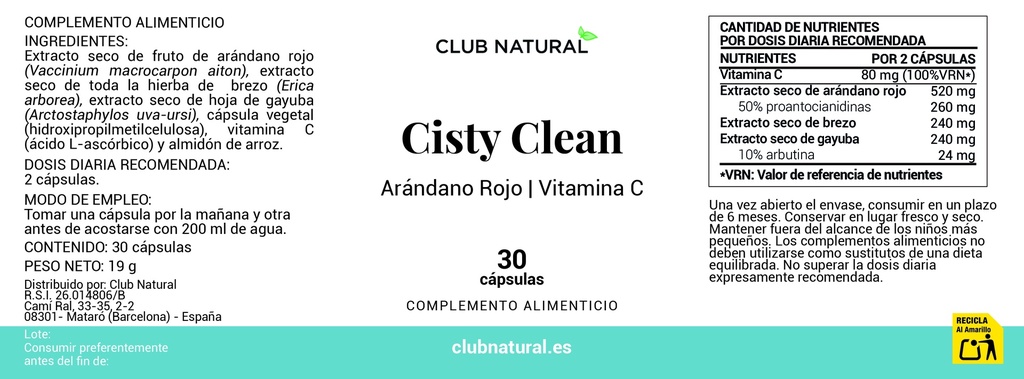 Cisty Clean 30 cápsulas - Infección de orina