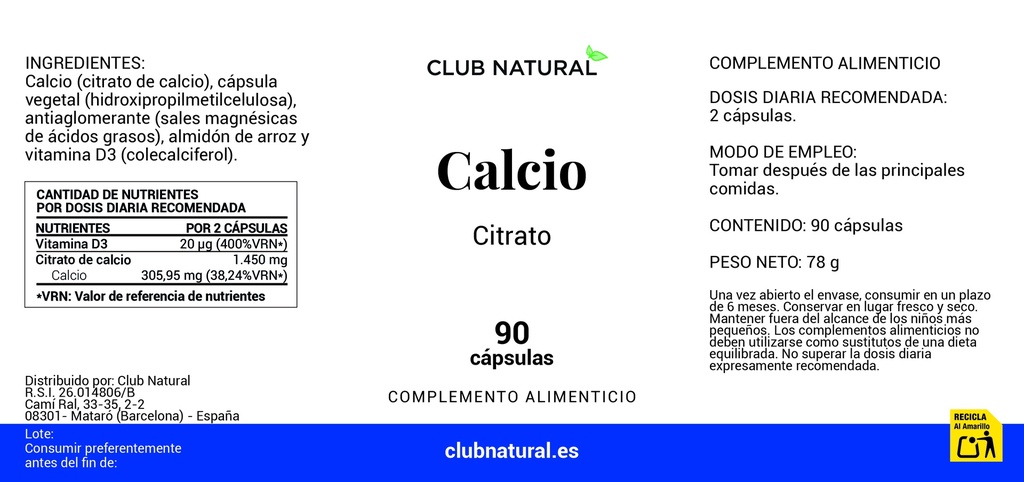 Citrato de Calcio y Vitamina D3 90 cápsulas