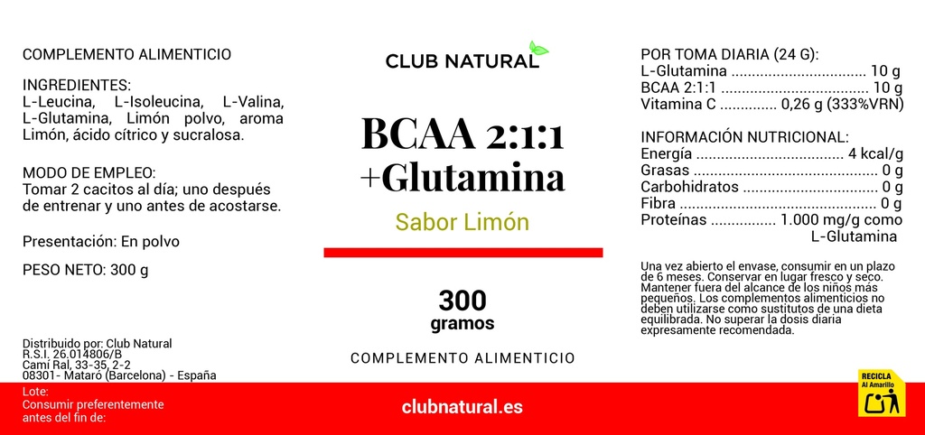 BCAA's 2:1:1 con GLUTAMINA Polvo (Sabor Limón)